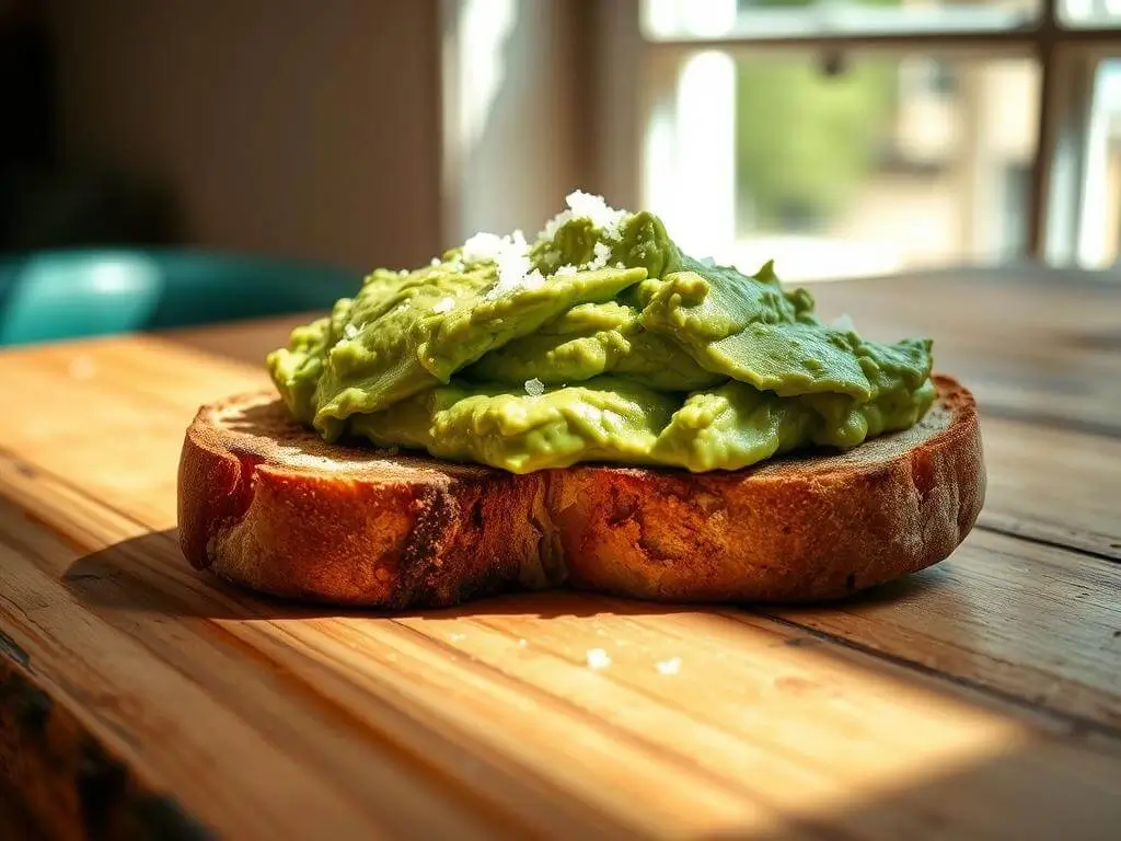 A slice of toasted bread topped with a generous amount of mashed avocado, sprinkled with coarse salt, placed on a wooden table with sunlight streaming in from a nearby window.