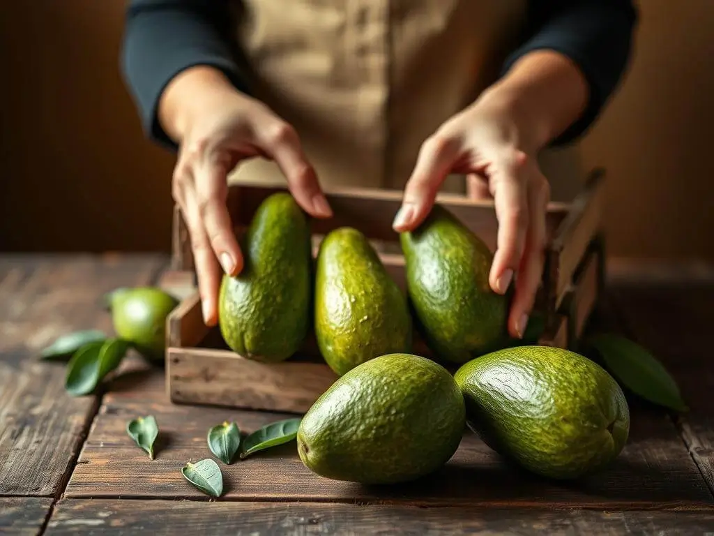 A person arranging avocados in a wooden crate on a rustic wooden table, with some leaves scattered around.