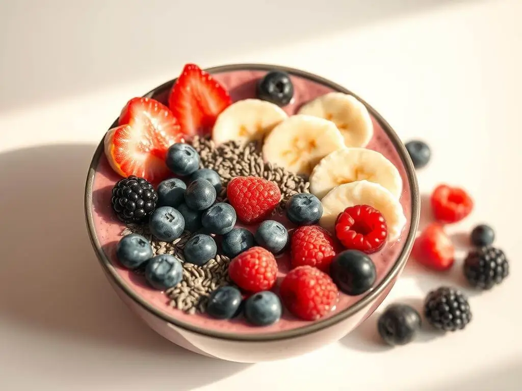 A bowl of smoothie topped with fresh fruits and seeds.
