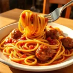 A plate of spaghetti with meatballs and tomato sauce. A fork is lifting a portion of the spaghetti from the plate.