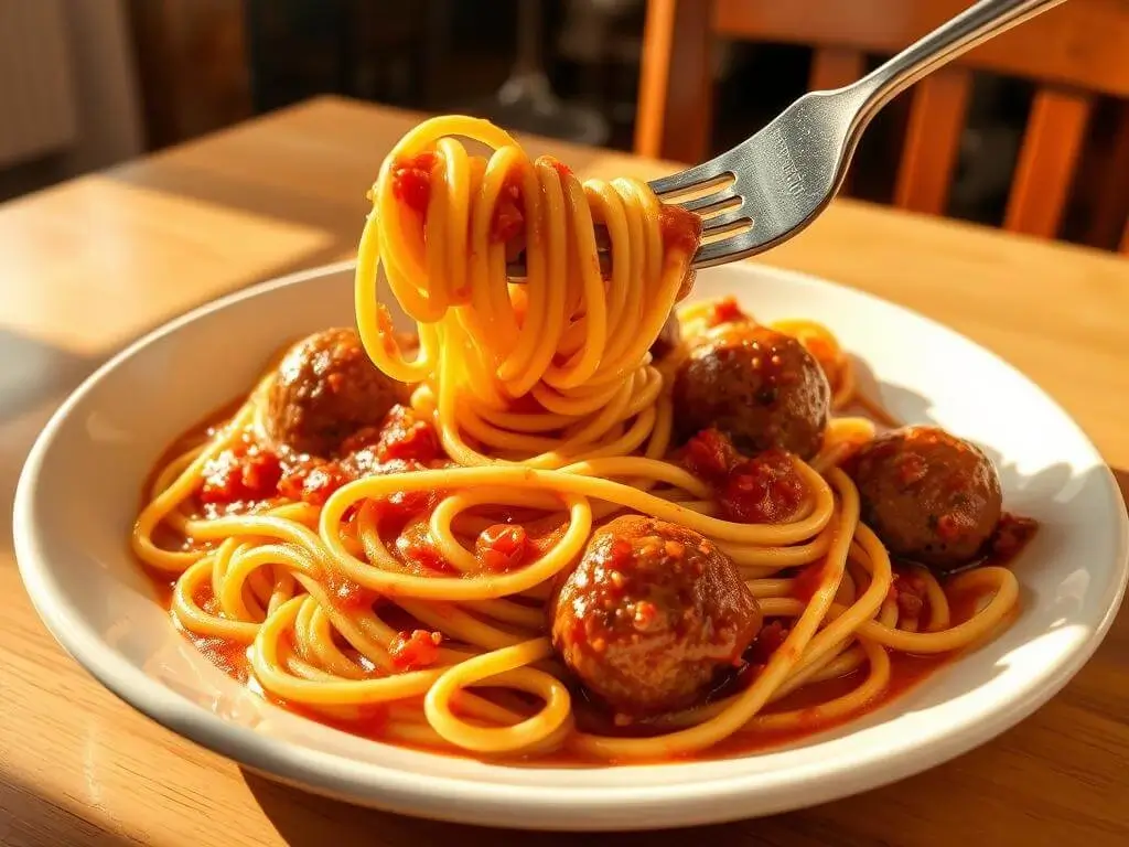 A plate of spaghetti with meatballs and tomato sauce. A fork is lifting a portion of the spaghetti from the plate.