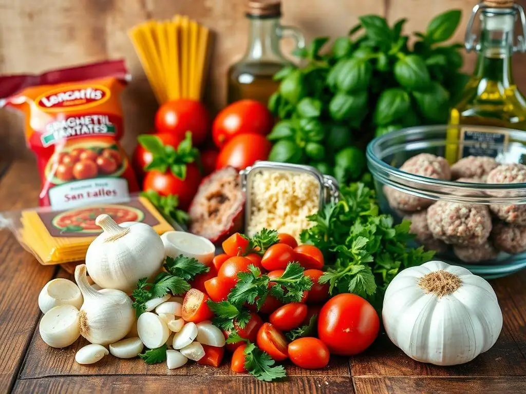 A variety of fresh ingredients for making spaghetti, including garlic, tomatoes, parsley, basil, ground meat, cheese, olive oil, and spaghetti pasta.