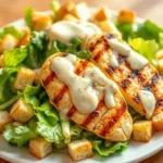 A plate of grilled chicken salad with croutons and creamy dressing.