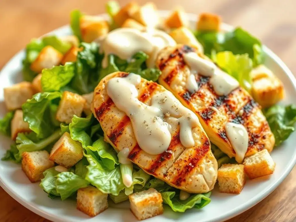 A plate of grilled chicken salad with croutons and creamy dressing.