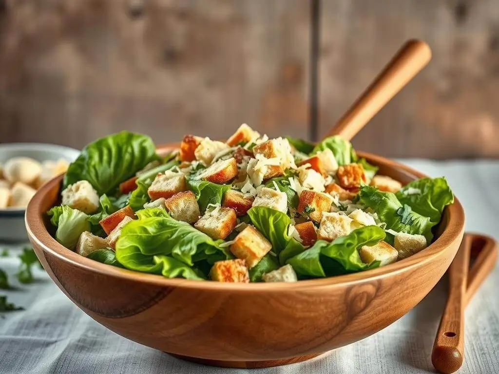 A plate of Caesar salad topped with grilled chicken breast and creamy dressing.