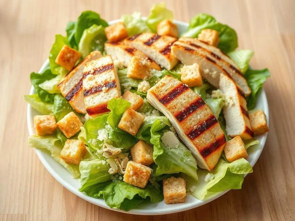 A plate of Caesar salad topped with grilled chicken breast, croutons, and creamy dressing.