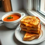 A bowl of tomato soup garnished with a basil leaf next to a plate with a stack of three grilled cheese sandwiches, placed on a white countertop near a window.