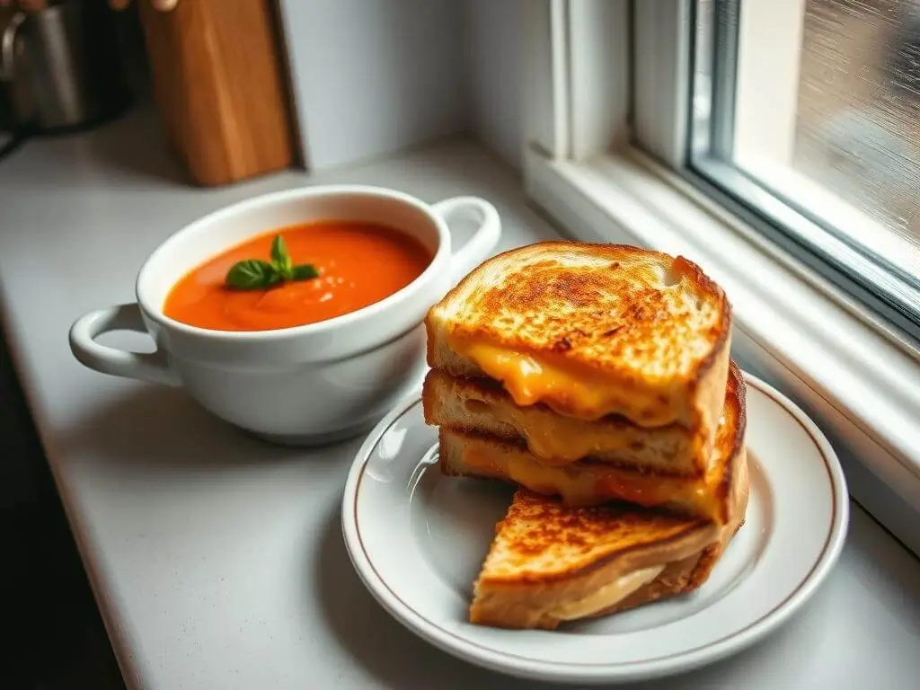 A bowl of tomato soup garnished with a basil leaf next to a plate with a stack of three grilled cheese sandwiches, placed on a white countertop near a window.