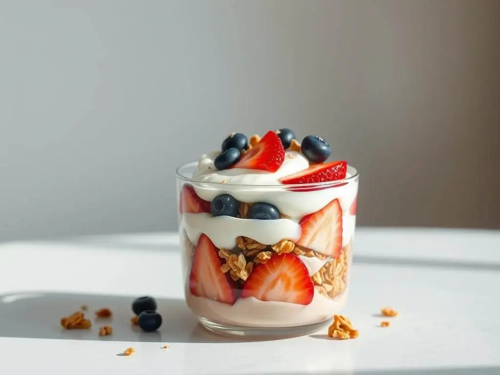 A glass filled with layers of yogurt, granola, and fresh fruits including strawberries, raspberries, blueberries, blackberries, and kiwi.