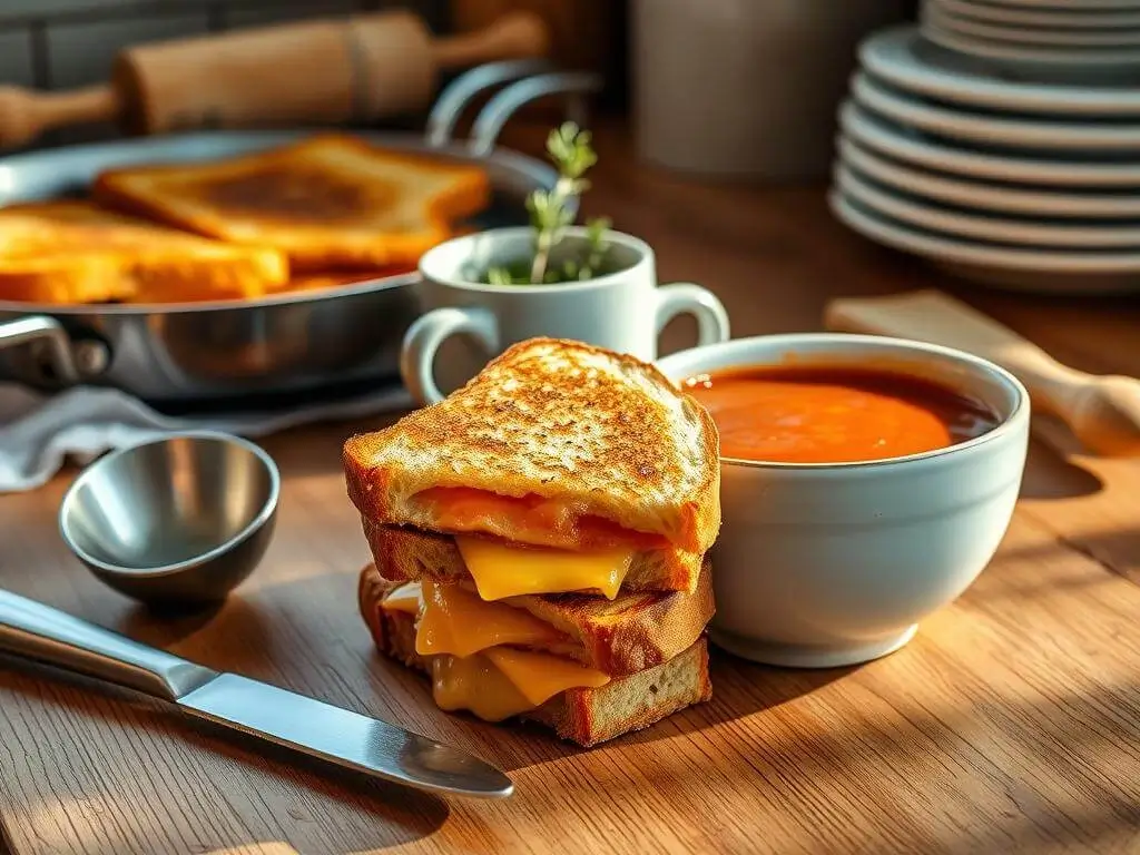A bowl of tomato soup garnished with a basil leaf next to a plate with a stack of three grilled cheese sandwiches.