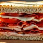 A close-up image of a sandwich with layers of ingredients including slices of tomato, cheese, and various deli meats between two slices of bread.