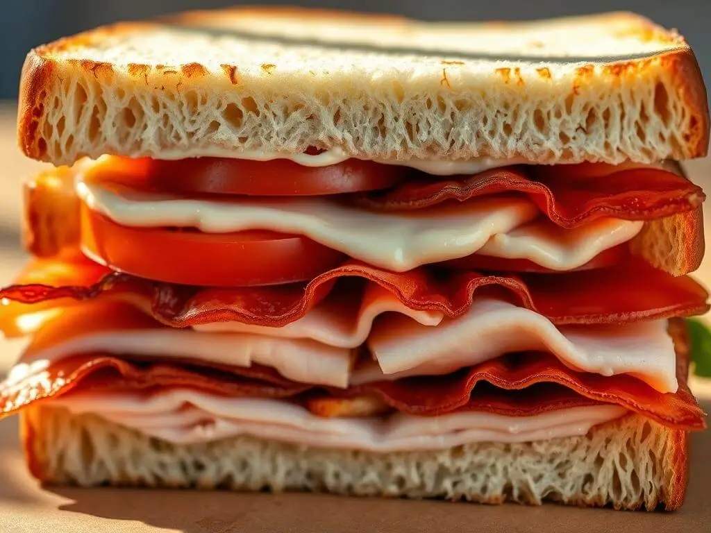 A close-up image of a sandwich with layers of ingredients including slices of tomato, cheese, and various deli meats between two slices of bread.
