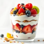 A glass filled with layers of yogurt, granola, and fresh fruits including strawberries, raspberries, blueberries, blackberries, and kiwi.