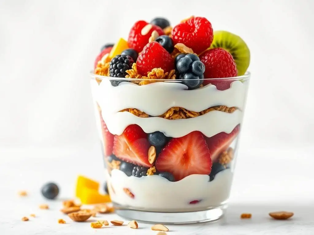 A glass filled with layers of yogurt, granola, and fresh fruits including strawberries, raspberries, blueberries, blackberries, and kiwi.