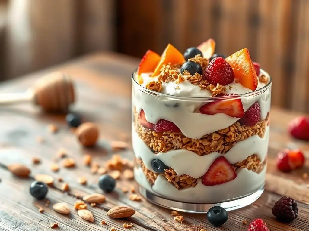 A glass filled with layers of yogurt, granola, and fresh fruits including strawberries, raspberries, blueberries, blackberries, and kiwi slices.
