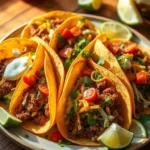 A plate of beef tacos filled with seasoned ground beef, fresh lettuce, diced tomatoes, shredded cheese, and topped with sour cream, served with lime wedges on the side.