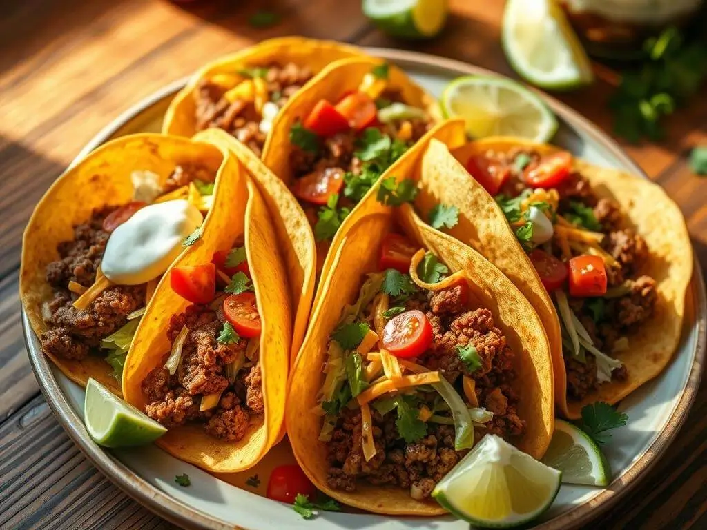 A plate of beef tacos filled with seasoned ground beef, fresh lettuce, diced tomatoes, shredded cheese, and topped with sour cream, served with lime wedges on the side.