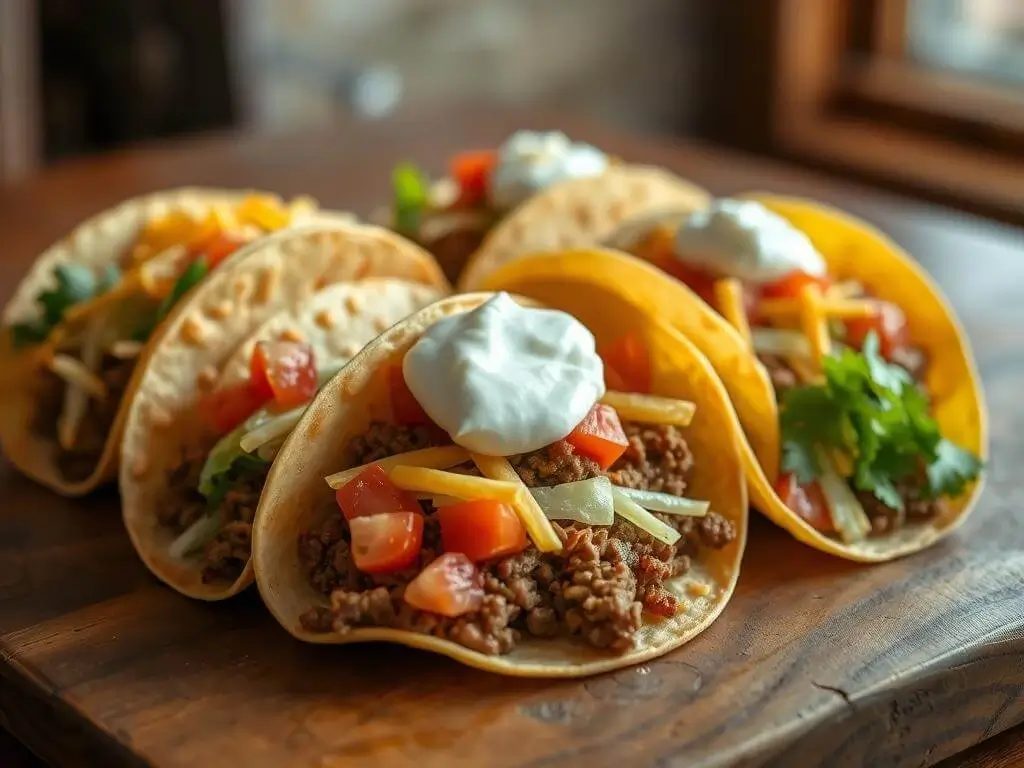 Three beef tacos filled with seasoned ground beef, shredded cheese, lettuce, and diced tomatoes, served on a plate with lime wedges and a side of salsa.