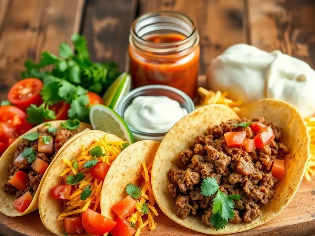 Three beef tacos filled with seasoned ground beef, shredded cheese, lettuce, and diced tomatoes, served on a plate with lime wedges and a side of salsa.