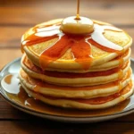 A stack of golden brown pancakes with syrup drizzling down the sides.