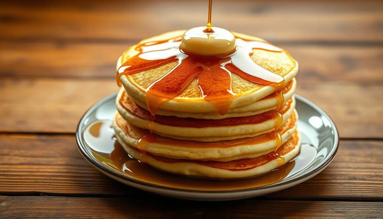 A stack of golden brown pancakes with syrup drizzling down the sides.
